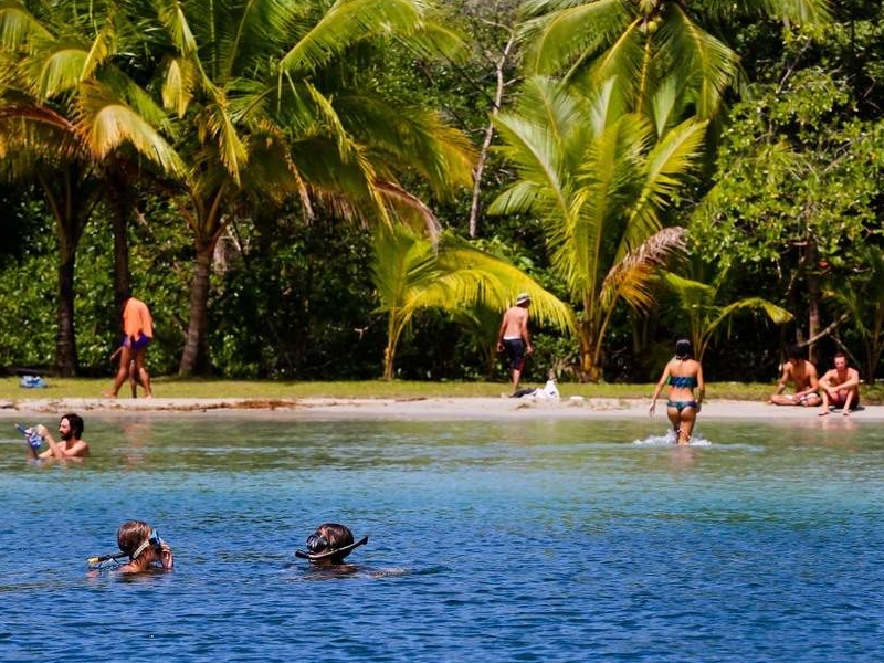 People snorkel in the starfish-rich crystal-clear waters of the jungle-lined Playa Estrella