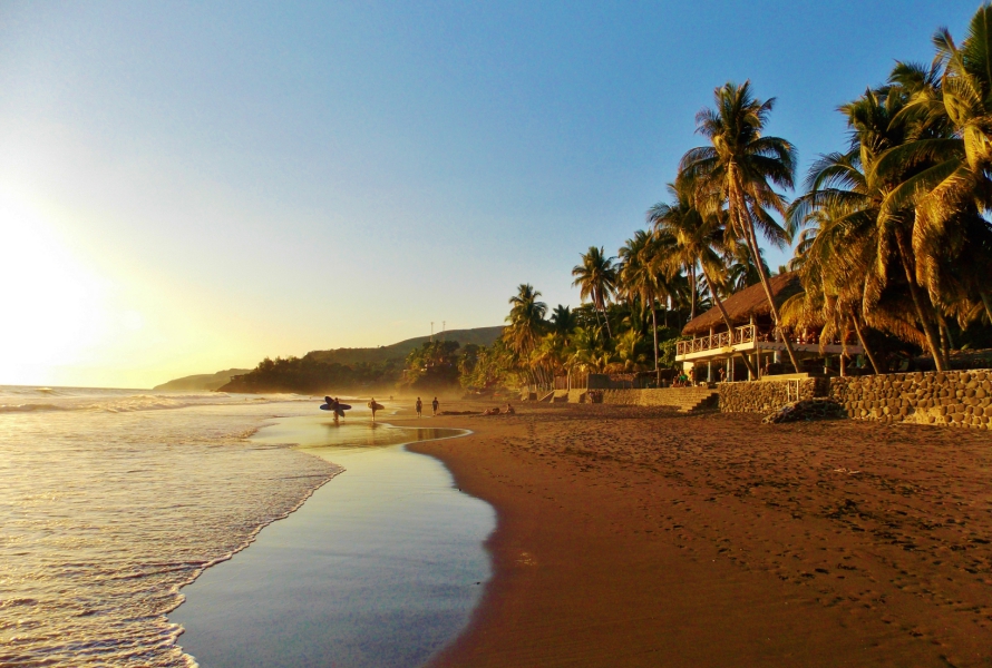 Palm trees line this surfer-friendly black-sand beach at sunset