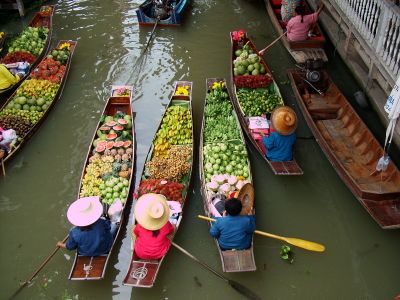 View of long-tail boats at the floating market of Bangkok in Thailand