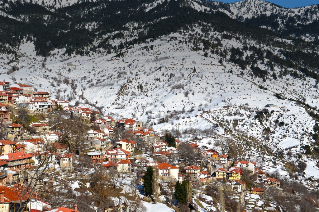 View of the snow-kissed edifices in Greece during Winter