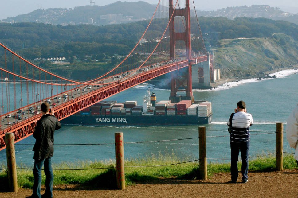 The Golden Gate Bridge seen from the Golden Gate Park during the springtime