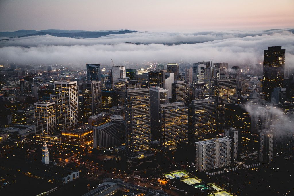 San Francisco as seen from above during a foggy and cold winter afternoon