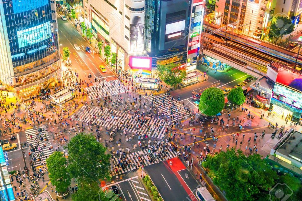 Aerial view of crosswalk in the bustling district of Shibuya