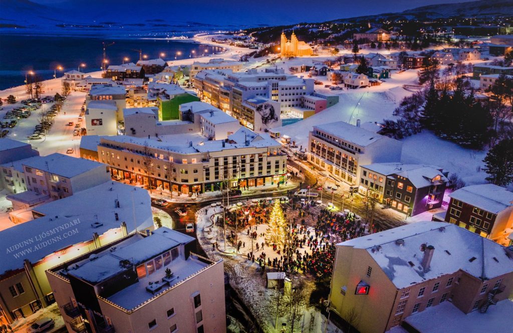 The city center of Akuyeri decorated for the Christmas season